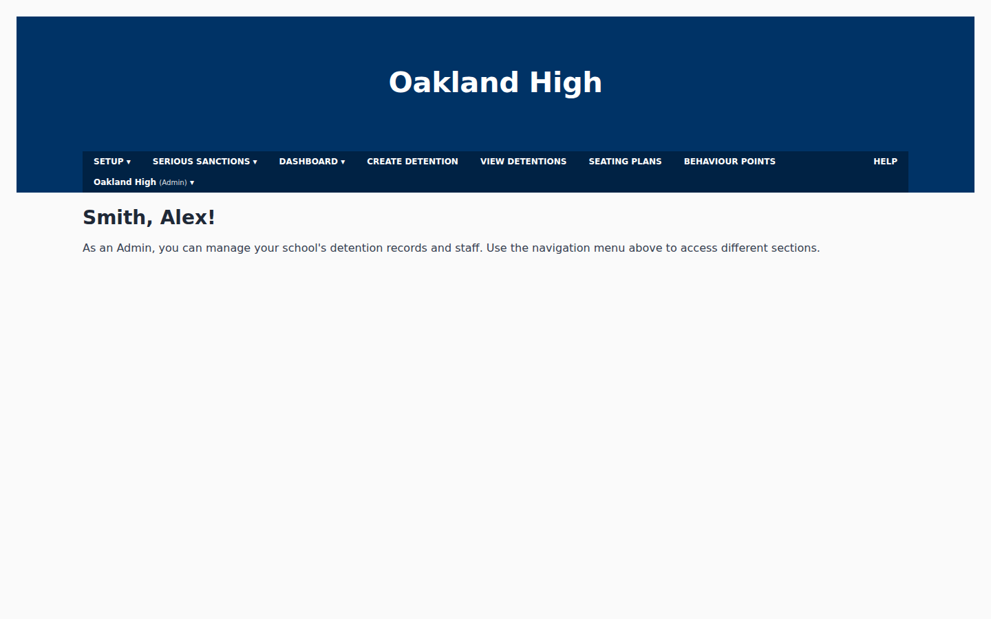 School Dashboard home screen with admin navigation