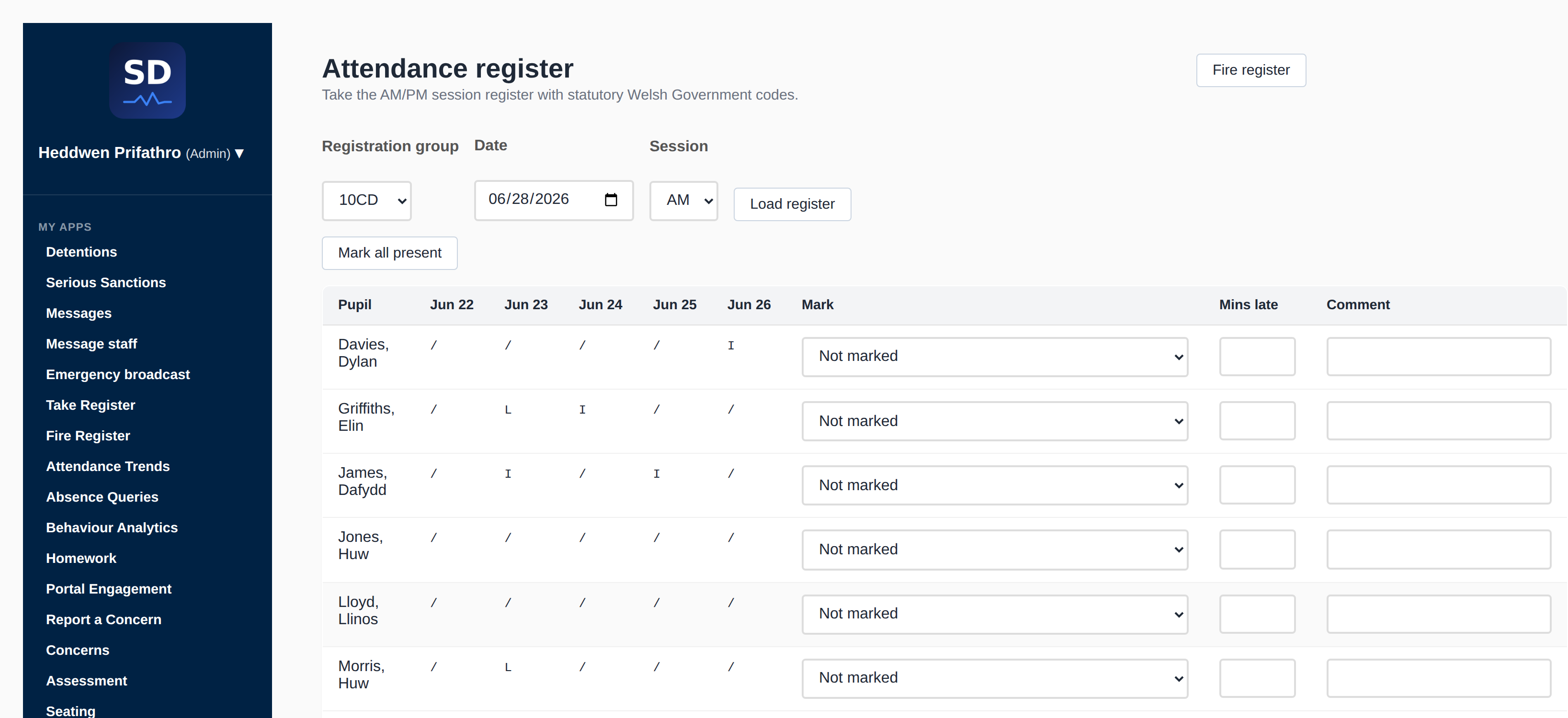 Attendance register for a registration group showing pupils, the last five sessions and statutory mark codes