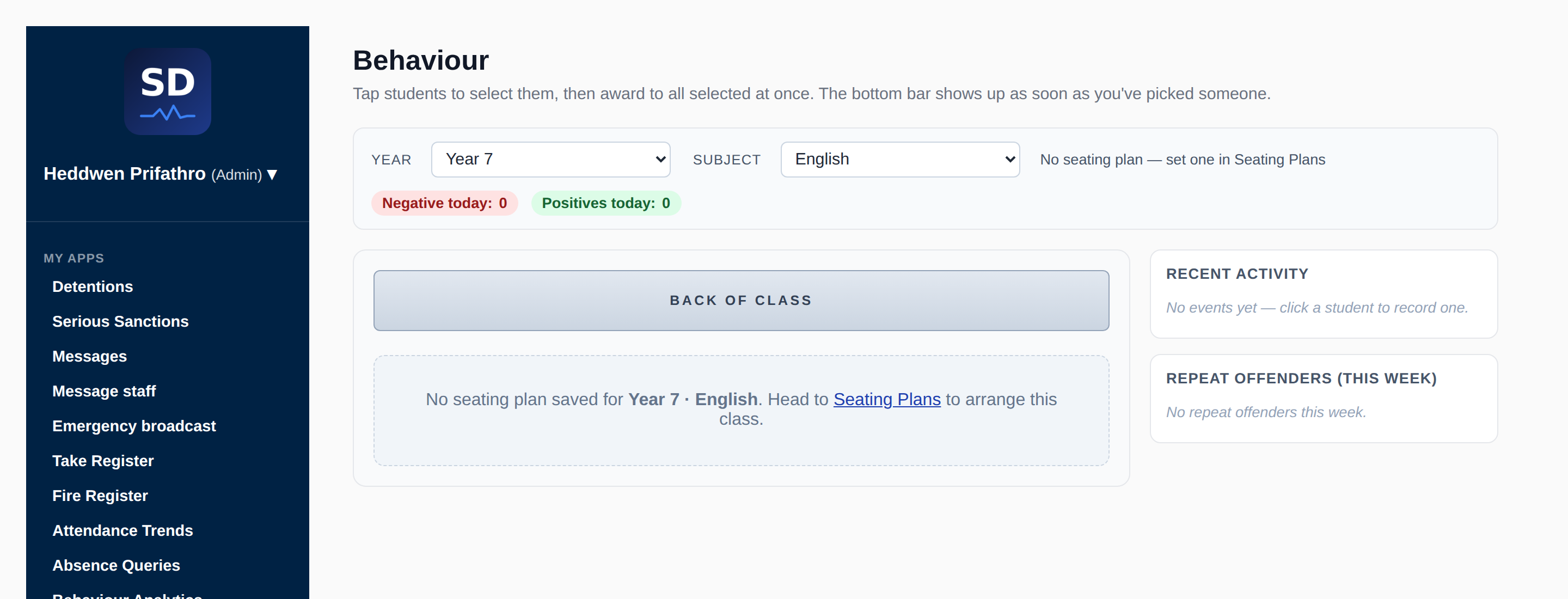 Behaviour points back-of-class view with year and subject selectors and recent activity