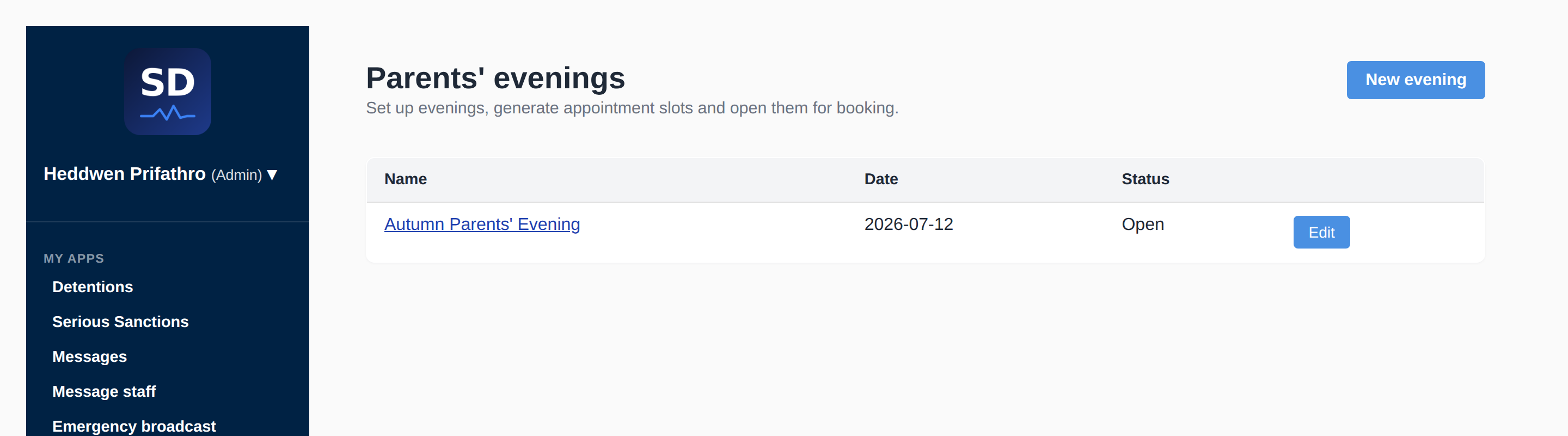 Parents' evenings admin page listing an evening with date and open status
