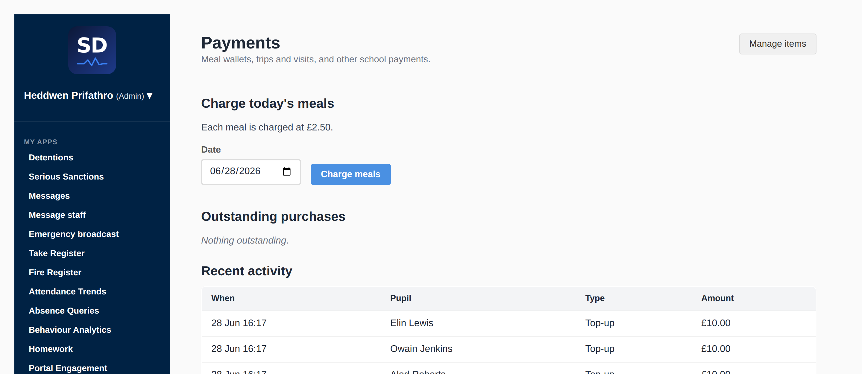 Payments page showing daily meal charging, outstanding purchases and recent payment activity