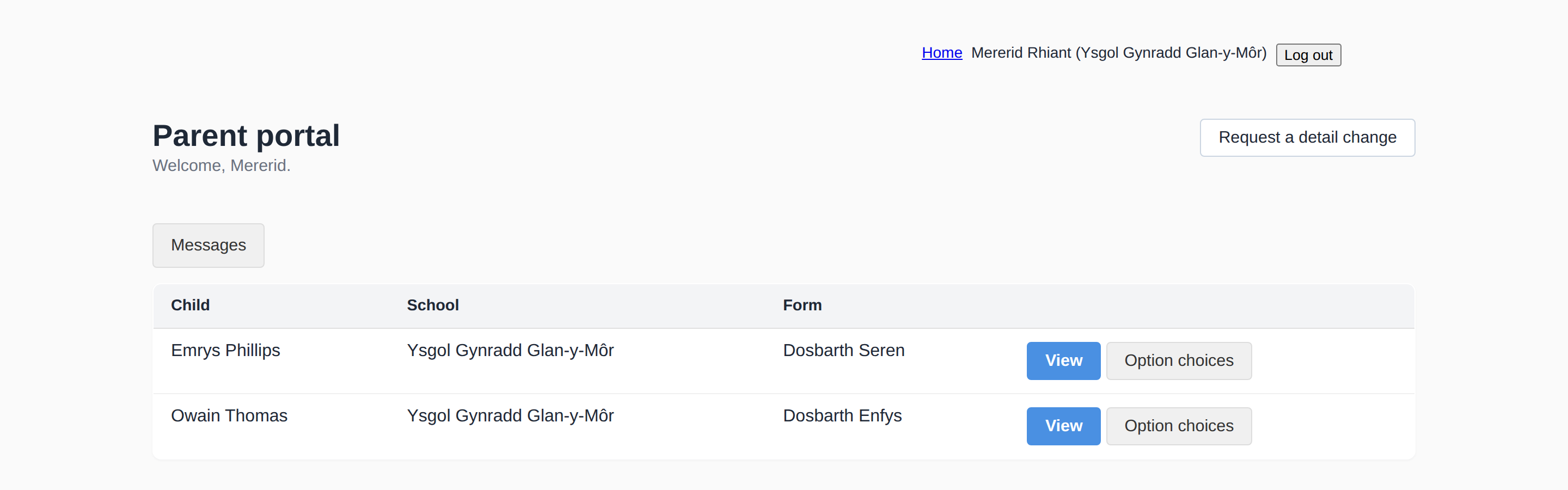 Parent portal showing a parent's children across schools, with option choices and a request-a-change action