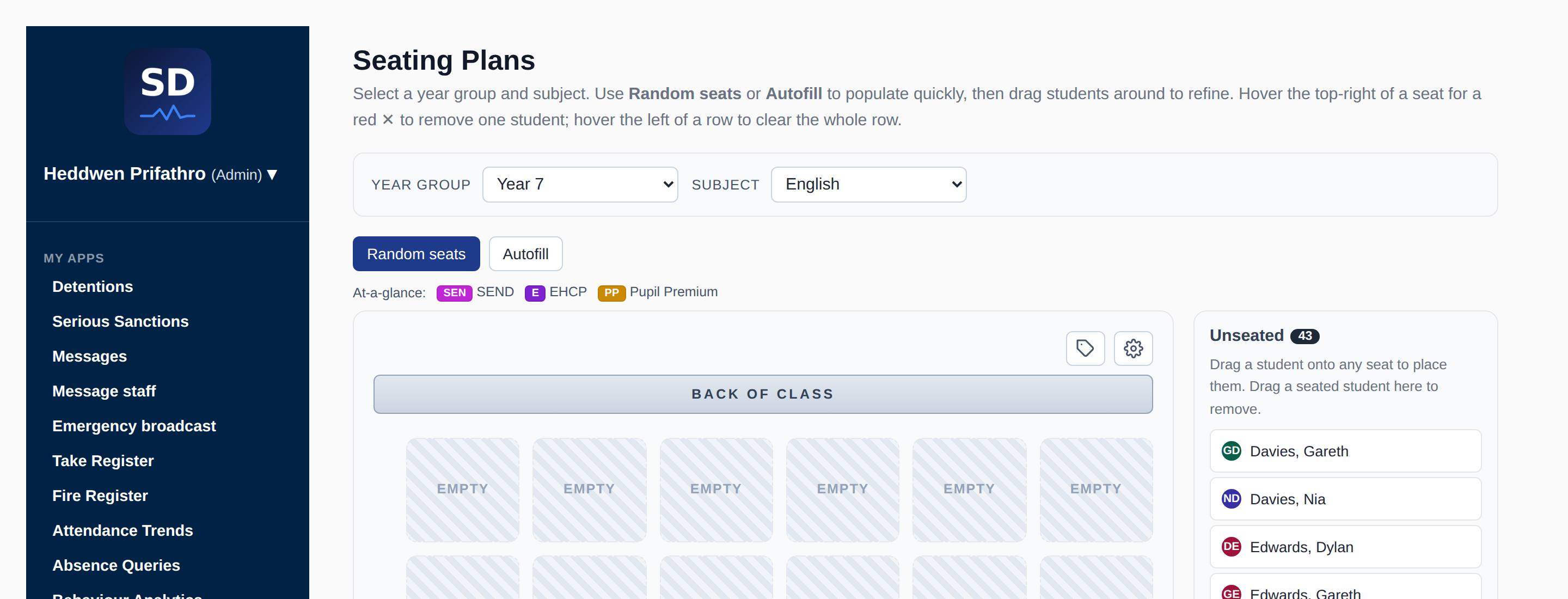 Seating plan grid with auto-fill, SEND and Pupil Premium flags and an unseated-pupils panel