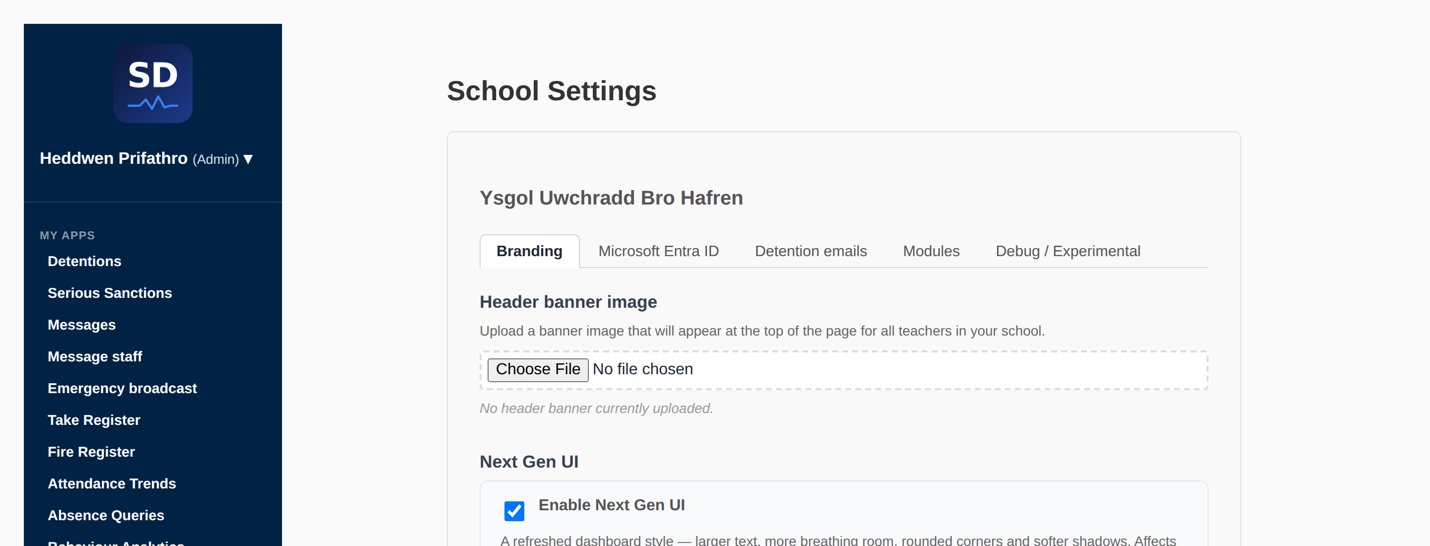 School Settings with branding, Microsoft Entra ID, detention email and module tabs