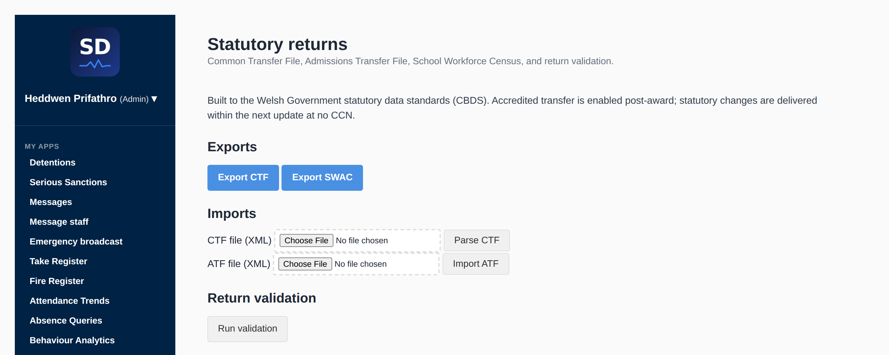 Statutory returns page with CTF and SWAC exports, ATF import and return validation