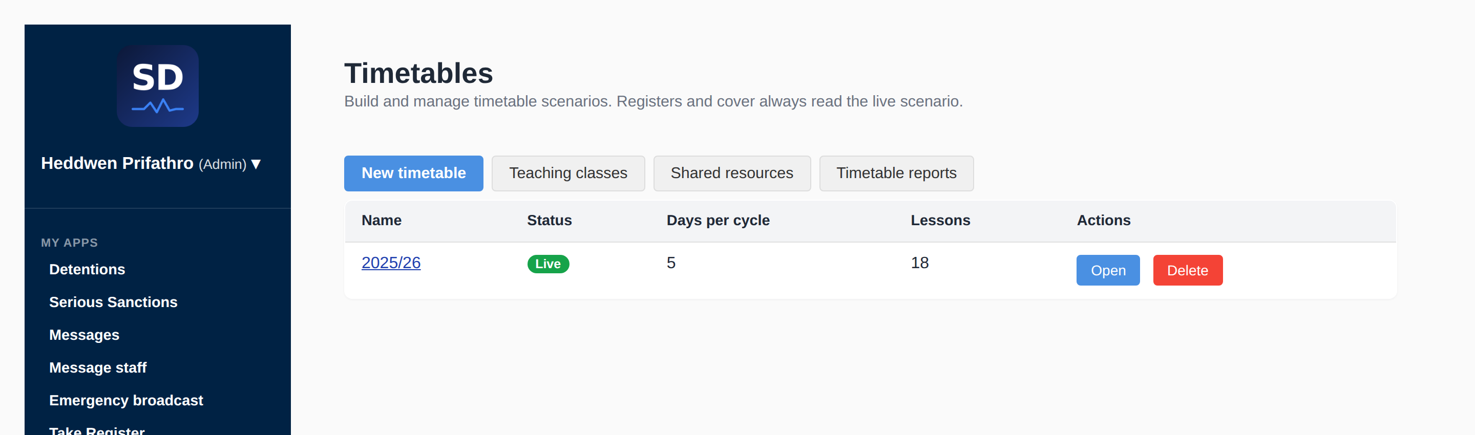 Timetables list showing a live timetable with days per cycle and lesson count