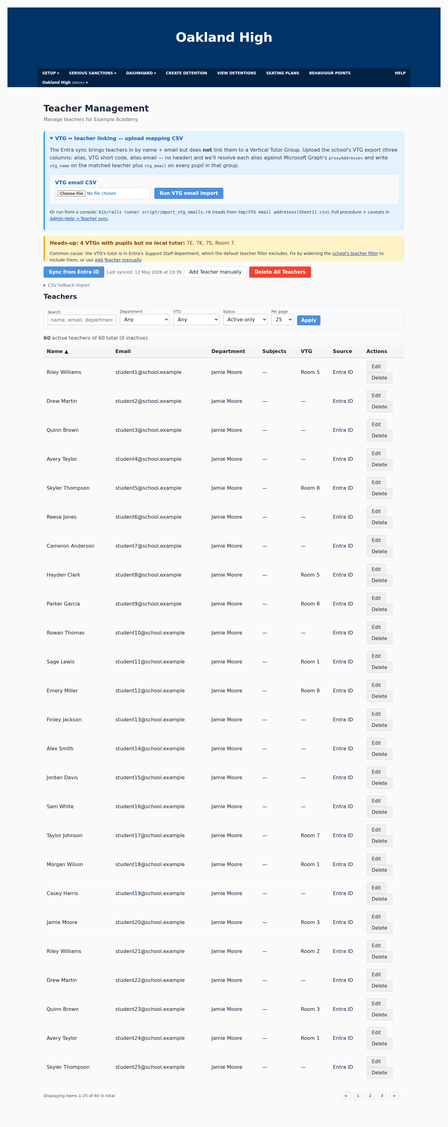 Teacher Management page with VTG mapping and Entra ID sync